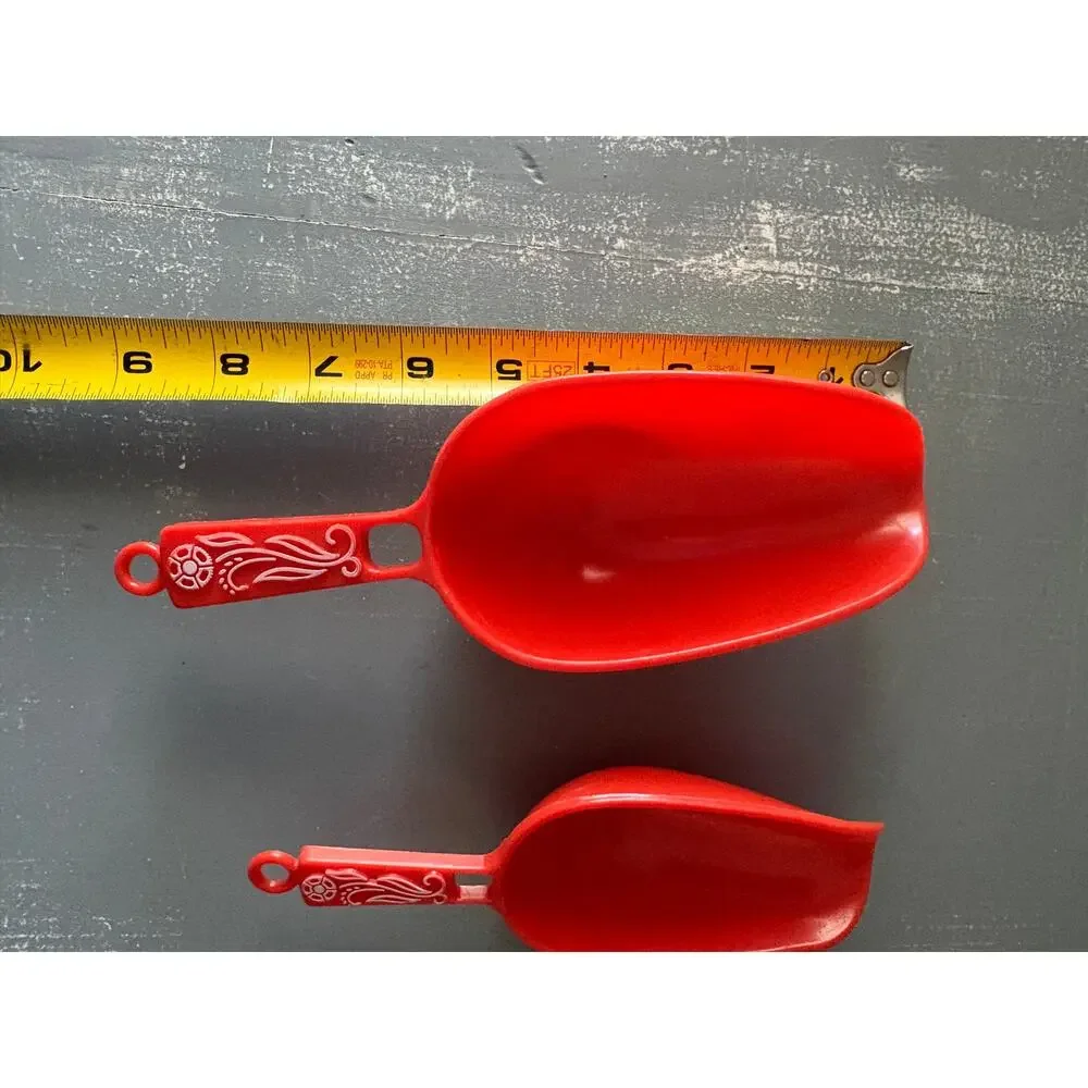 Vintage Red Plastic Scoops Set of 2 White Floral Handles Retro Kitchen Utility